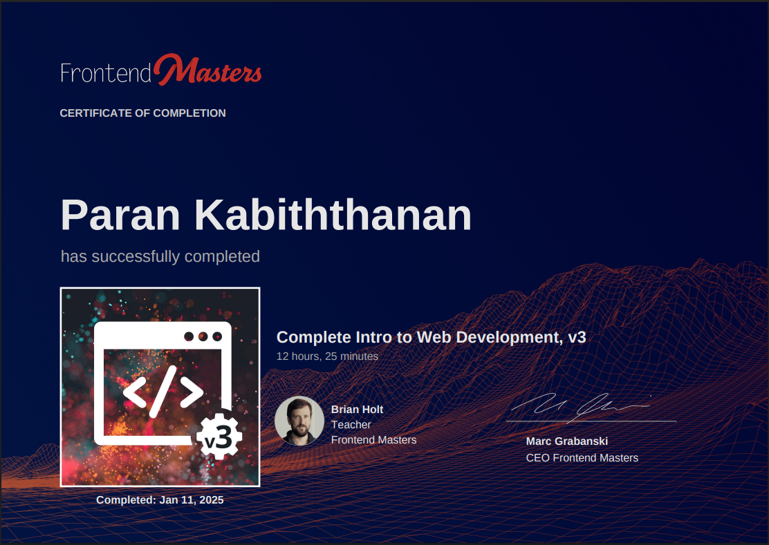 Complete Intro to Web Development certificate